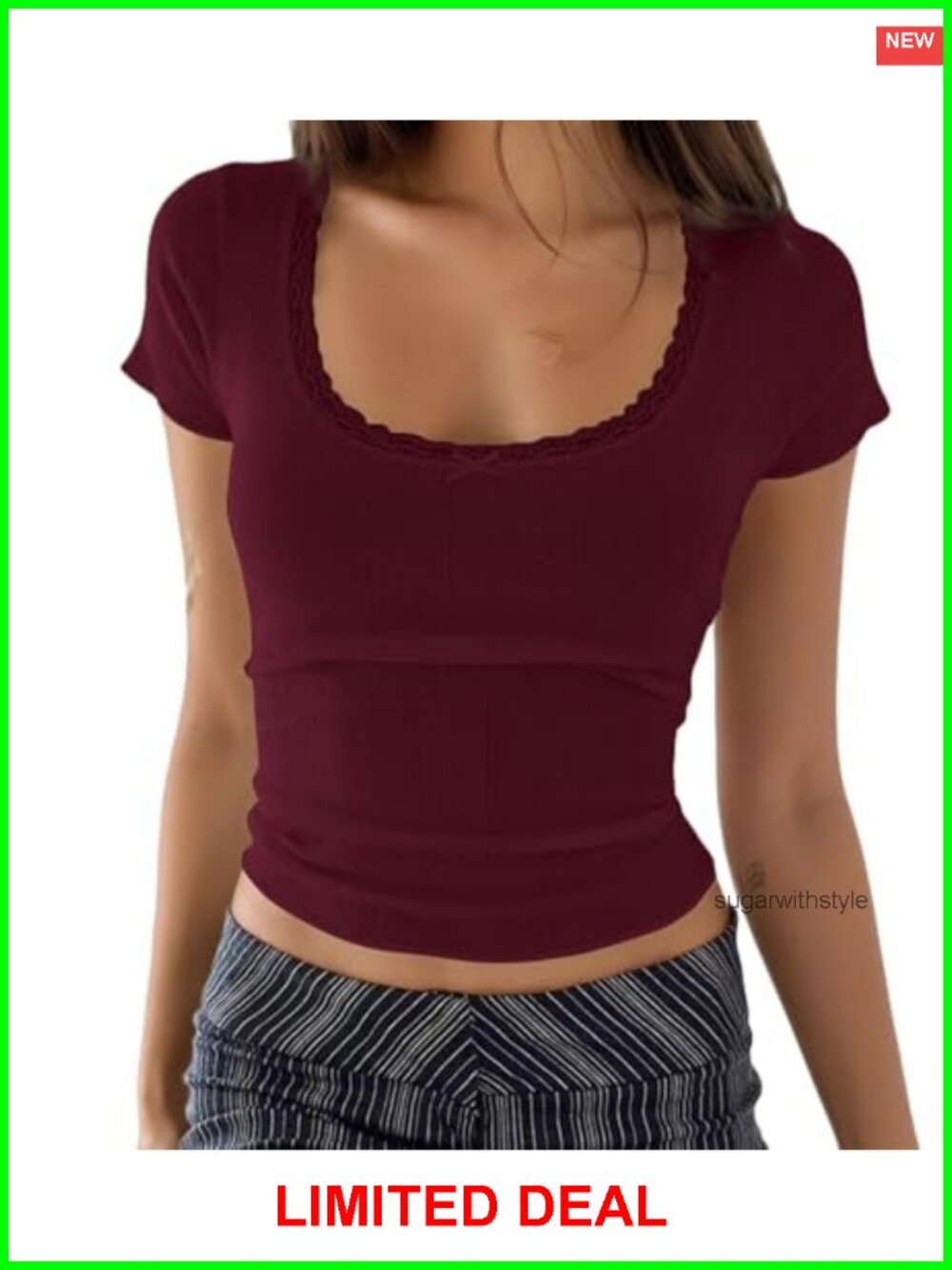 Women Lace Bow Patchwork Pointelle Crop Top Short Sleeve Scoop Neck Fitted